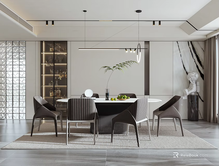 Modern Restaurant Interior With Round Dining Table Grey Chairs Pendant Lights And Decorative Plant 3d model 