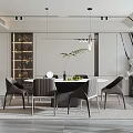 Modern Restaurant Interior With Round Dining Table Grey Chairs Pendant Lights And Decorative Plant