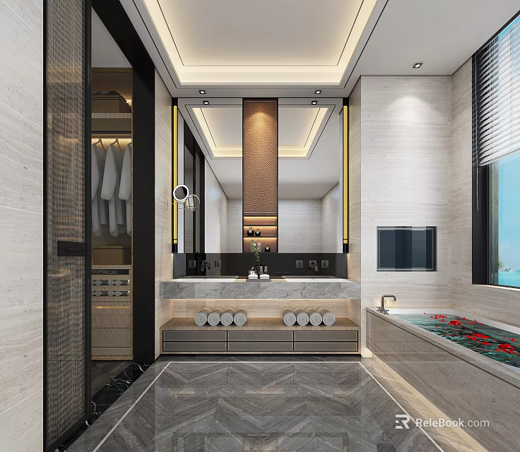 Luxury Modern Bathroom Interior Design With Large Mirror Double Sink Marble Vanity And Comfortable Bathtub 3d model 