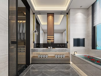 Luxury Modern Bathroom Interior Design With Large Mirror Double Sink Marble Vanity And Comfortable Bathtub 3d model
