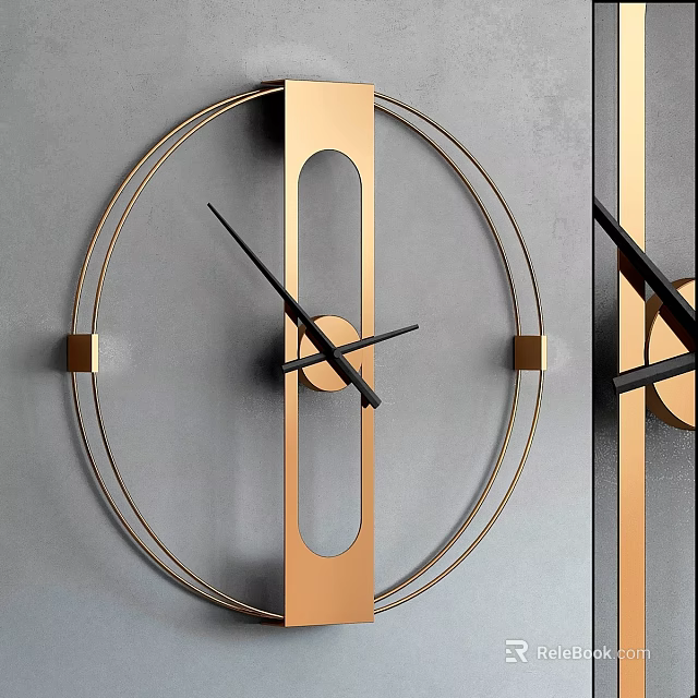 Modern Wall Clock With Golden Frame Circular Design And Black Hands On Grey Wall 3d model 