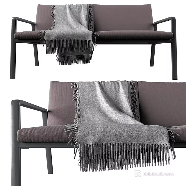 Gray Fabric Two Seater Sofa With Fringed Throw Blanket And Metal Frame 3d model 