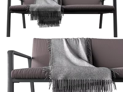Gray Fabric Two Seater Sofa With Fringed Throw Blanket And Metal Frame 3d model