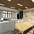 Modern Classroom With Wooden Ceiling Long Lights Round Windows Decorative Pictures And Wooden Desks Chairs