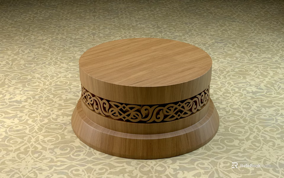 Wooden Round Component with Top Flat Surface Middle Carved Pattern and Wide Base 3d model
