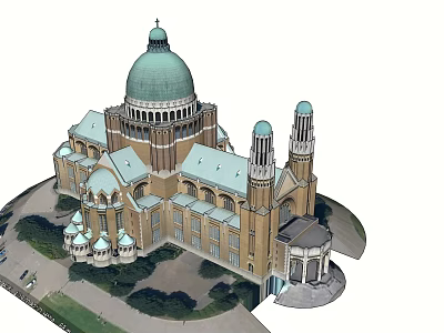 Historic Cathedral Building With Green Dome Light Blue Roof And Towers 3d model