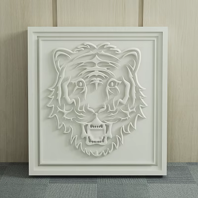 White Tiger Head Animal Relief Painting with White Frame on Wooden Wall Background 3d model