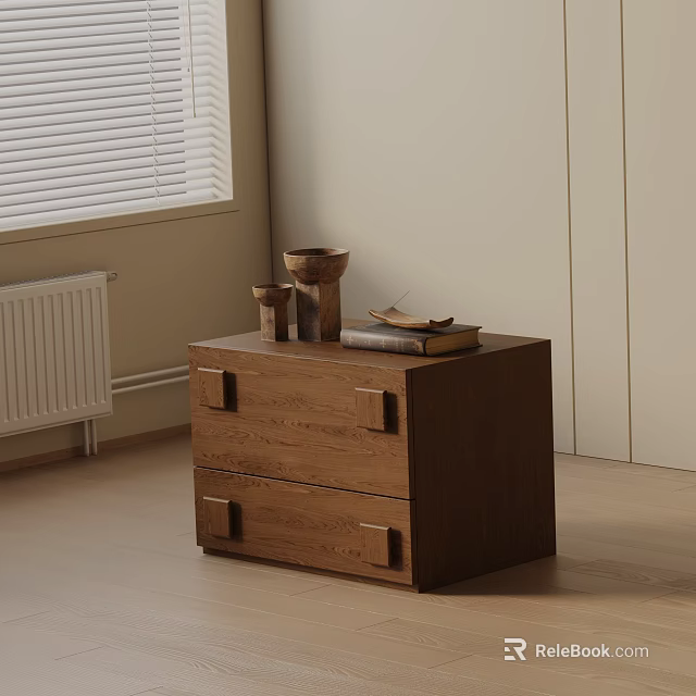 Wooden Bedside Table With Two Drawers And Decorative Cup Books In Minimalist Room 3d model 