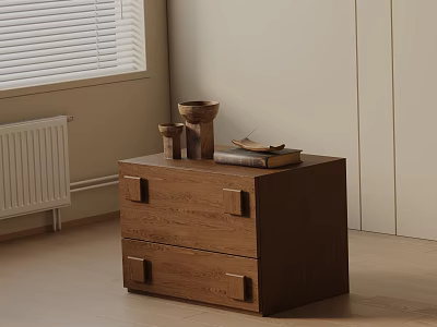 Wooden Bedside Table With Two Drawers And Decorative Cup Books In Minimalist Room 3d model