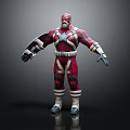3D Armored Superhero Character In Red And White Battle Suit With Helmet Standing Pose