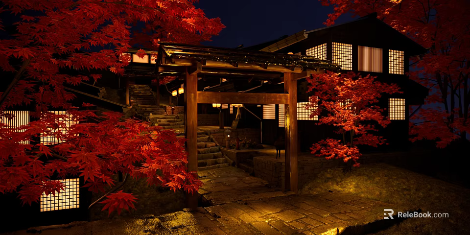 Detached Villa at Night With Red Maple Leaves Wooden Torii Gate Stone Steps and Illumination 3d model 