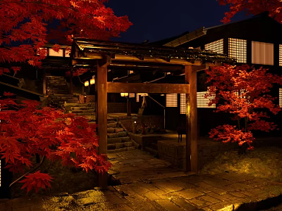 Detached Villa at Night With Red Maple Leaves Wooden Torii Gate Stone Steps and Illumination 3d model