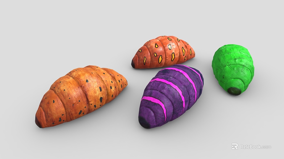 Colorful Aquatic Animals Featuring Orange Spots Red Dots Purple Stripes and Green Shells 3d model 