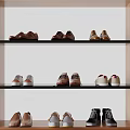 Shoes on wooden shoe rack with multiple shelves various styles leather shoes sneakers flat shoes