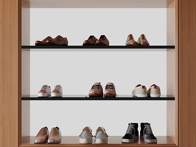 Shoes on wooden shoe rack with multiple shelves various styles leather shoes sneakers flat shoes 3d model