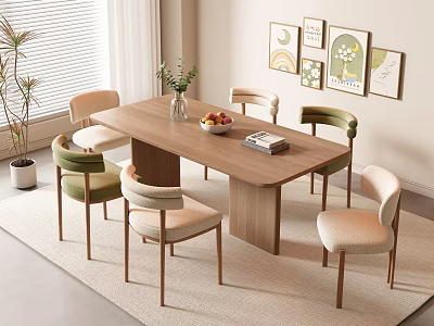Modern Minimalist Wooden Dining Table Set with Beige Green Chairs Vase Fruit Bowl and Books 3d model
