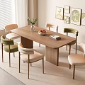 Modern Minimalist Wooden Dining Table Set with Beige Green Chairs Vase Fruit Bowl and Books
