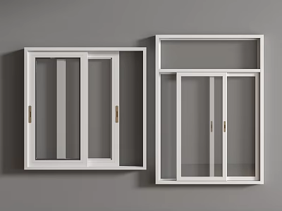White Casement Windows With Glass Panes And Metal Handles On Grey Wall Background 3d model
