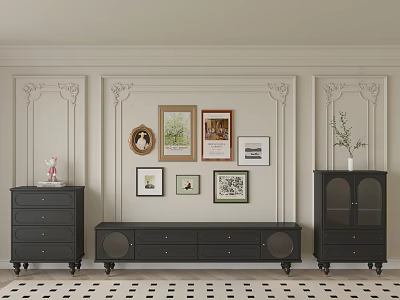 Classic Black TV Stand With Drawers Decorative Frames And Wall Panels 3d model
