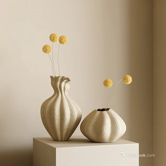 Tall Textured And Short Rounded Beige Vases With Yellow Pom Pom Flowers On Light Table 3d model 