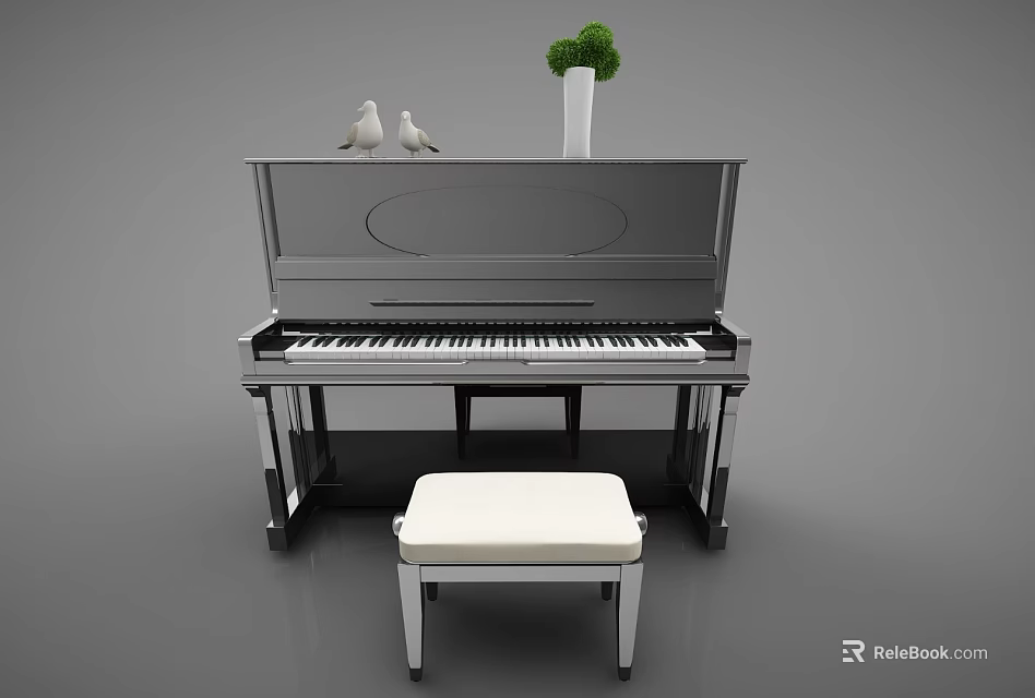 Elegant Silver Piano With Two Doves Green Plant Vase And White Cushion Stool 3d model 