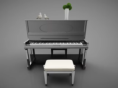 Elegant Silver Piano With Two Doves Green Plant Vase And White Cushion Stool 3d model