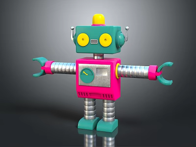 Toy Robot With Green Head Pink Body Yellow Antenna And Spring Legs Mechanical Arms Claws 3d model
