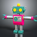 Toy Robot With Green Head Pink Body Yellow Antenna And Spring Legs Mechanical Arms Claws