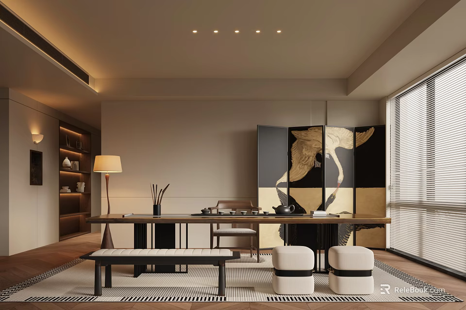 Modern Tea Room Interior Design With Wooden Tea Table And Decorative Screen 3d model