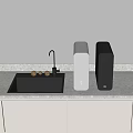 Contemporary Kitchen Countertop With White And Black Appliances Black Sink And Golden Small Items