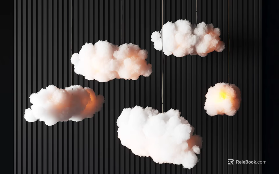 Cloud Shaped Chandeliers With Warm Yellow Lighting On Black Vertical Striped Background 3d model 