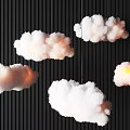 Cloud Shaped Chandeliers With Warm Yellow Lighting On Black Vertical Striped Background