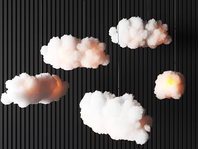 Cloud Shaped Chandeliers With Warm Yellow Lighting On Black Vertical Striped Background 3d model