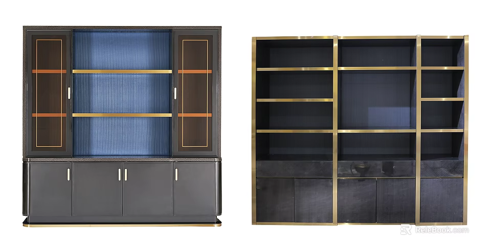 Modern Bookcase With Gold Frame Black Body Blue Curtain Brown Accents And Multiple Shelves 3d model 