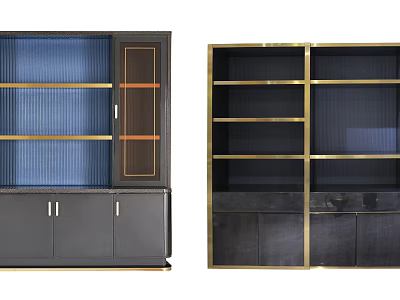 Modern Bookcase With Gold Frame Black Body Blue Curtain Brown Accents And Multiple Shelves 3d model