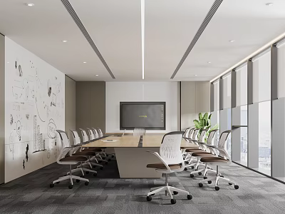 Modern Conference Room With Long Meeting Table Office Chairs Whiteboard Wall And Large Windows 3d model