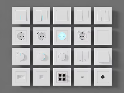 Various Modern White Switch Panels With Different Electrical Sockets And Controls 3d model