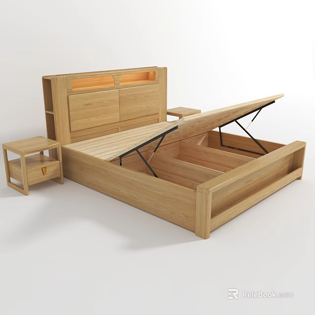 Wooden Double Bed With Storage Space Lift Up Frame And Matching Nightstand 3d model 