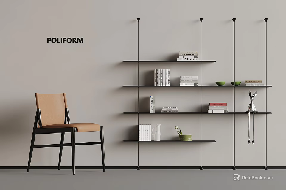 Poliform Modern Interior With Black Metal Shelves Books Decorations And Brown Chair 3d model 