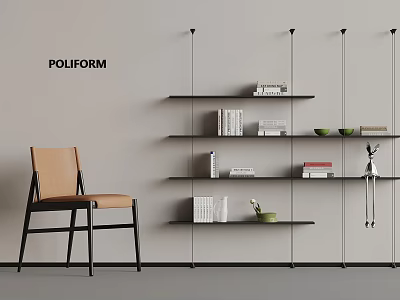 Poliform Modern Interior With Black Metal Shelves Books Decorations And Brown Chair 3d model
