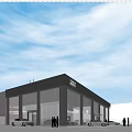 Modern Automotive 4S Dealership Building With Glass Facade White Cars And People At Entrance