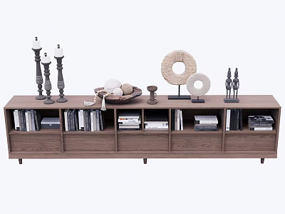 Wooden TV Stand With Books Decorative Candle Holders And Circular Ornaments In Modern Living Room 3d model