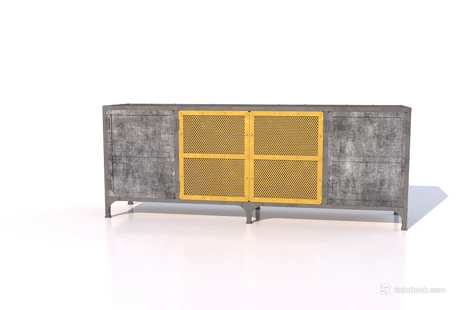 Modern Gray TV Stand With Yellow Woven Doors And Metal Legs Design 3d model 