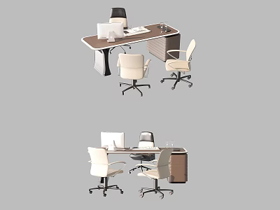 Modern Executive Office Desk With Computer Monitor And White Office Chairs 3d model