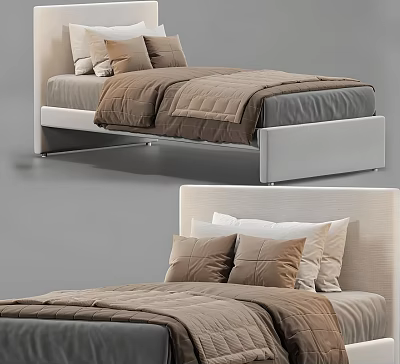 Modern Double Bed With Upholstered Headboard Brown Quilt And Decorative Pillows 3d model