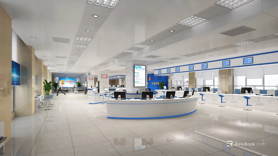 Spacious Bright Service Hall With Service Counters Computers Information Screens And Seating Area 3d model 