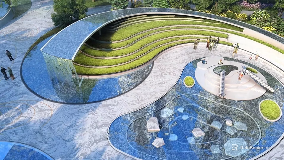 Modern Garden Ornament Design with Wavy Green Lawn Water Feature and Stone Pathway 3d model 