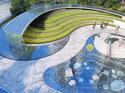 Modern Garden Ornament Design with Wavy Green Lawn Water Feature and Stone Pathway 3d model
