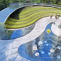 Modern Garden Ornament Design with Wavy Green Lawn Water Feature and Stone Pathway