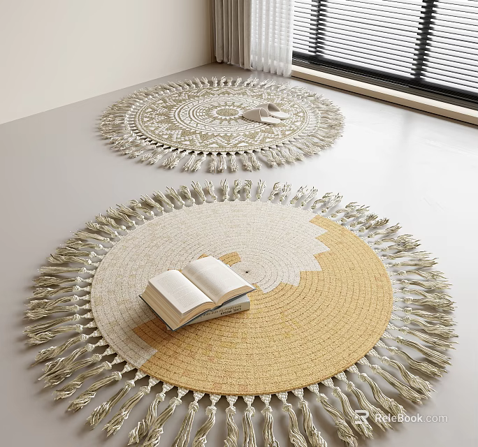 Woven Natural Fiber Round Rugs With Tassels Open Book Placed On Light Colored Floor 3d model 
